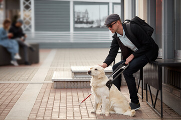 young blind man stroke his helpful dog guide, kind golden retriever love his owner, while walking outdoors