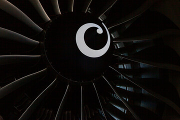 Turbine blades of an aircraft jet engine. Close up Turbines Engine. Aviation Technologies. Aircraft jet black detail during maintenance. Background. Macro.
