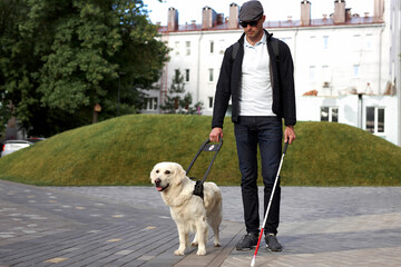blind caucasian man guided by puppy. pet icon sign or symbol. guy with companion friend in city streets