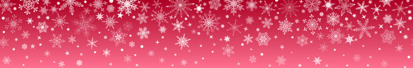 Christmas banner of various complex big and small snowflakes with horizontal seamless repetition, white on red background