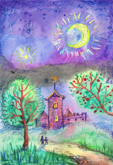 Obraz na płótnie Canvas Night landscape with moon, stars and a fairy-tale castle. On the way to the tower of the castle are two travelers. The illustration is drawn in watercolors and oil pastels in a children's style.
