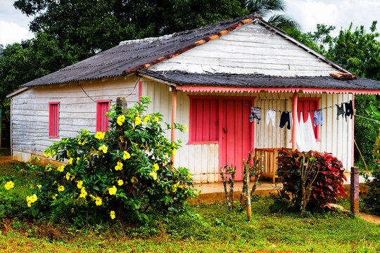 Old log cabin in a remote Cuban countryside and natural environment. Many Cubans live in wooden huts on the countryside.