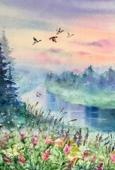 Watercolor flying ducks over the lake. Colorful nature background. Summer sunset landscape. Design element. 