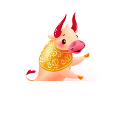 Chinese new year banner with oriental animal bull mascot character and white paper sheet on white background. Text place, sale placard design template. Vector realistic flat illustration.