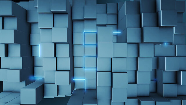 Background of blue cubes and glare motion light, 3d rendering