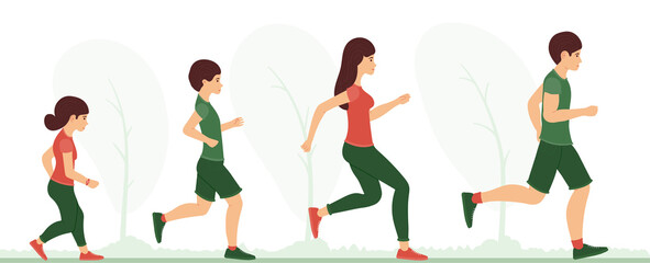 Family jogging. Family runs together in the park, trees in the background. Vector illustration in a flat style