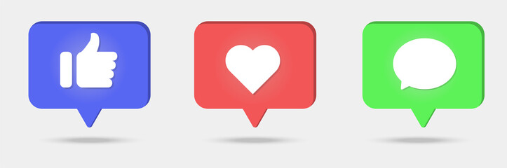 Set of social colorful media icons, like, heart and message with shadows for UI design. Eps 10 vector