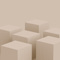 3d brown creamy cube and box podium minimal scene studio background. Abstract 3d geometric shape object illustration render. Natural color tones.