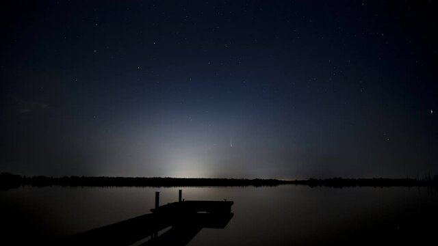 nightscape, night full of stars, Neowise, comet above the river Lech, Bavaria, Germany