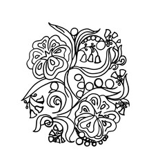 Flowers and leaves in the national russia style, black line, contour.