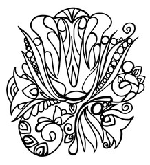 Big flower and leaves in the national russia style, black line, contour. - 365904325
