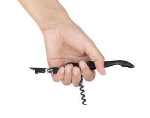 hand holding Bottle vine opener and can opener isolated on white background