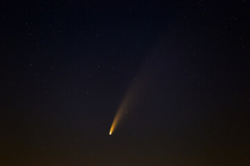 Comet C / 2020 F3 (NEOWISE) in the night starry sky. Bright nucleus, coma and long tail.