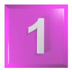 Number 1 purple pink square button on white background - 3D rendering illustration