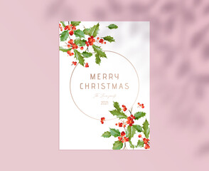 Merry Christmas Greeting Card with Typography inside of Round Frame, Holly Berries Green Plant on White Paper Sheet