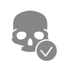 Skull with tick checkmark grey icon. Bone structure of the head symbol