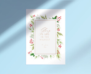 Merry Christmas Card with Glory to God in the Highest Typography inside of Golden Frame, Holly Berries on White Paper