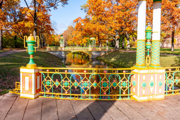 Chinese bridges in autumn foliage in Alexander park, Pushkin (Tsarskoe Selo), Saint Petersburg,...