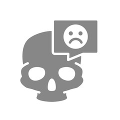 Skull with sad face in speech bubble grey icon. Bone structure of the head, cranium symbol
