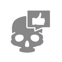 Skull with thumb up in speech bubble grey icon. Bone structure of the head, cranium symbol