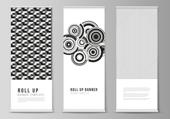 The vector illustration layout of roll up banner stands, vertical flyers, flags design business templates. Trendy geometric abstract background in minimalistic flat style with dynamic composition.