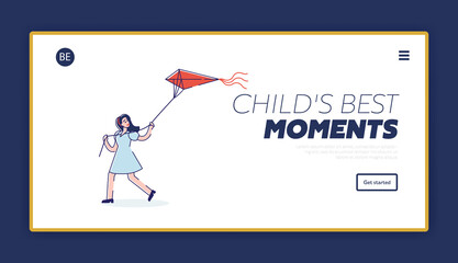 Landing page with girl playing kite. Cute cartoon child flying kite over white background