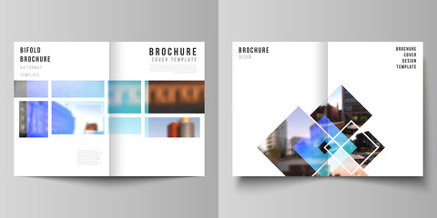 Vector layout of two A4 format modern cover mockups design templates for bifold brochure, magazine, flyer, booklet, annual report. Creative trendy style mockups, blue color trendy design backgrounds.