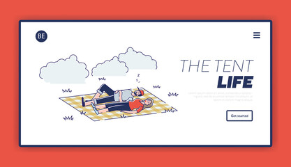 Summer activity landing page. Couple lying on blanket in park relaxing after picnic outdoors