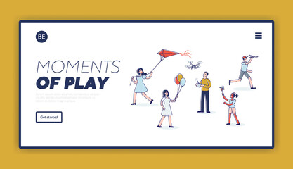 Landing page with playful kids. Cheerful children enjoying different wind toys