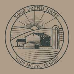 Farm Logo, Emblem Template, Barn, Elevator, Fields, Textured Stamp, Grunge Effect Symbol 