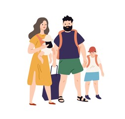 Happy travel family with baggage and hand luggage standing together vector flat illustration. Smiling parents and kids going to summer vacation isolated on white. People ready to touristic adventure