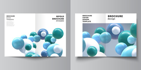 Vector layout of two A4 cover mockups template for bifold brochure, flyer, magazine, cover design, book design, brochure cover. Realistic vector background with multicolored 3d spheres, bubbles, balls