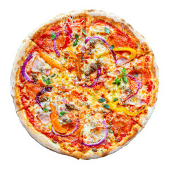 Italian cuisine. Fresh tasty pizza. Pizza with tomato, mozzarella, pepperoni, onion, parmesan and bacon isolated on white.