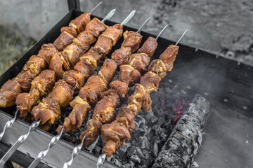 Shish kebab on skewers. Fry meat on coals. Picnic food. Grilled cue ball. BBQ meat in spices and marinade. Juicy cuts of meat in the smoke of the fire.
