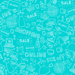 Online shopping seamless pattern. Hand drawn e-commerce objects isolated on blue background. Vector illustration.