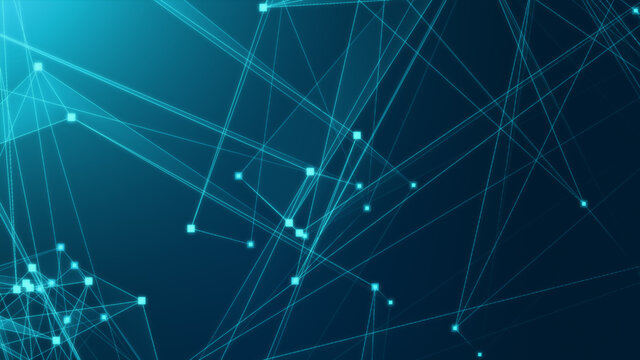 Abstract blue green polygon tech network with connect technology background. Abstract dots and lines texture background. 3d rendering. © Papapig