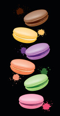 Colorful makarons with colored splashes on a black background. 3D Rendering
