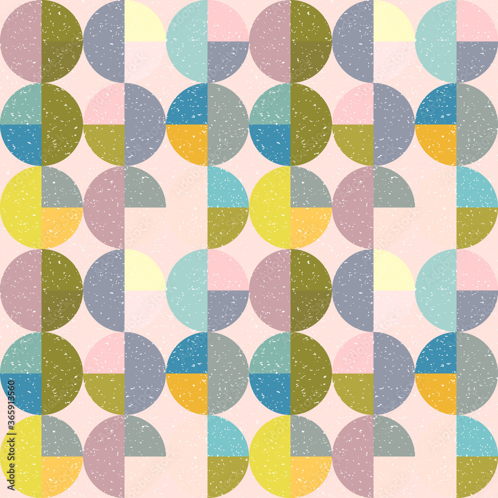 Aufkleber Modern vector abstract seamless geometric pattern with semicircles and circles in retro scandinavian style. Pastel colored colorful shapes with worn out texture .