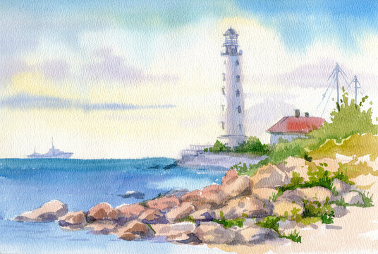 Beautiful watercolor landscape. View of the sea and Lighthouse at Cape Chersonesos. Sevastopol, Crimea.
