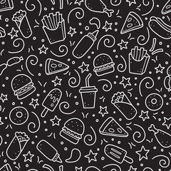 Hand drawn seamless pattern with fast food elements, burger, pizza, sandwich, hamburger, snack. Doodle sketch style. Fast food element for background, menu, wallpaper design. Vector illustration.