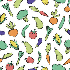 Hand drawn seamless pattern of vegetable elements, carrot, salad, tomato, onion, lettuce, chili, cucumber. Doodle sketch style. Vegetables element of vector illustration for menu, fabric, textile.