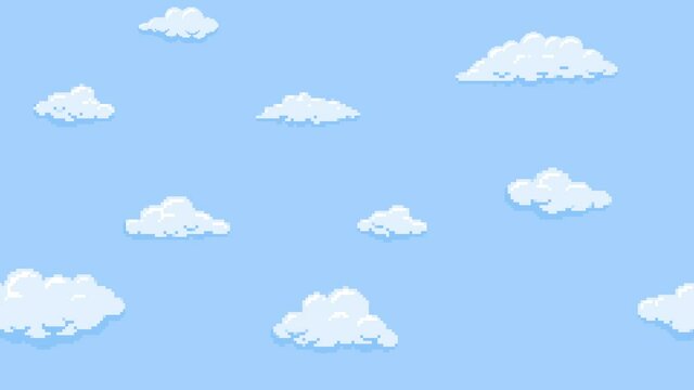 Cartoon clouds floating on the blue sky background, pixelated. Seamless looping animation.