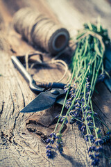 Closeup of lavender before drying on wooden table