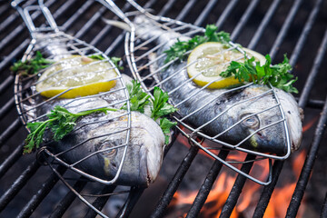 Grilling fresh fish with herbs and lemon on grill