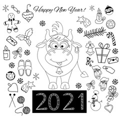 New year set of cute doodles. Holiday items - a cute cow and a snowman, a gingerbread man and a Christmas star, slippers and festive caramel, Christmas balls. For festive decor. Vector 