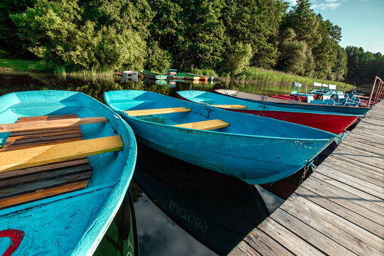 Wooden rowboats at the pier.