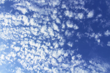 Beautiful blue sky and white fluffy cirrus clouds. Background. Landscape. Texture.