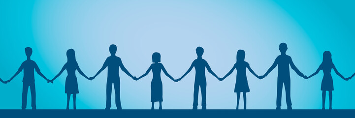 Vector illustration of friendship. Chain of people holding hands.