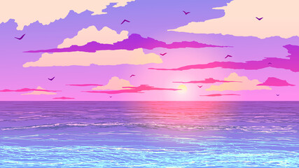 Fototapeta na wymiar Summer tropical landscape. Sandy beach with palm trees on ocean coast at sunset. Vector illustration. 