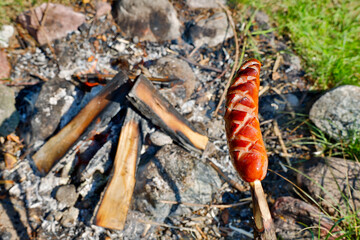 Tasty sausages fried over the fire. Grilling food on the weekend.